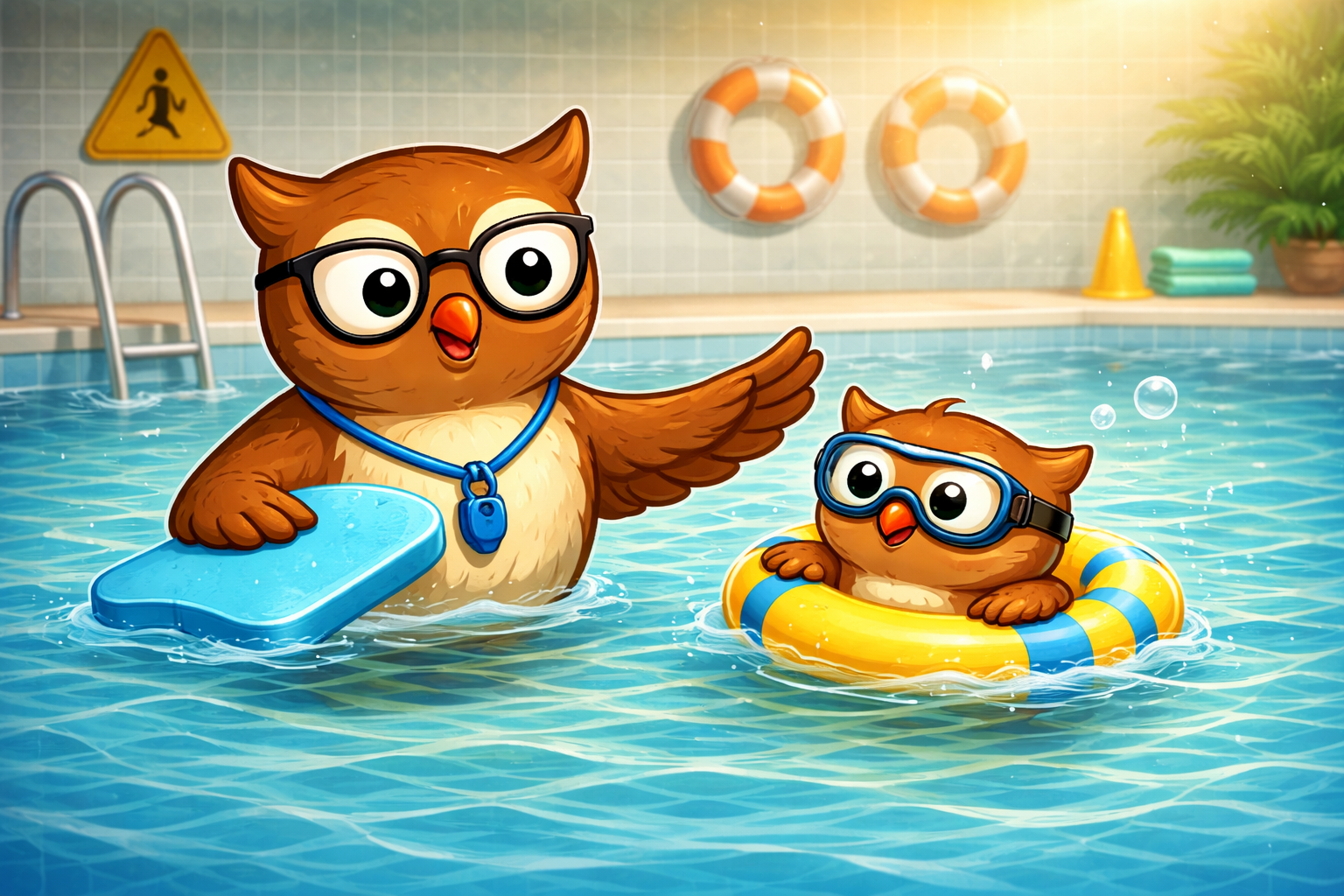 Schwimmlehrerin Eule erklärt dem kleinen Schüler das Schwimmen