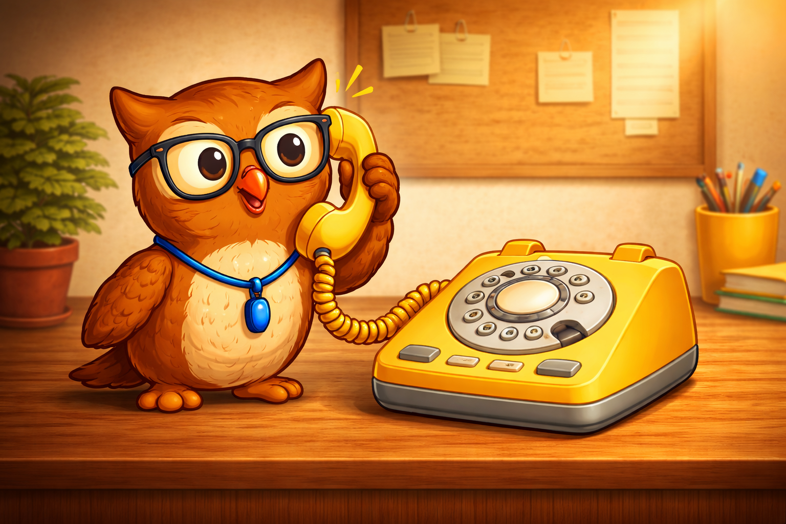 Eulen-Maskottchen am Telefon